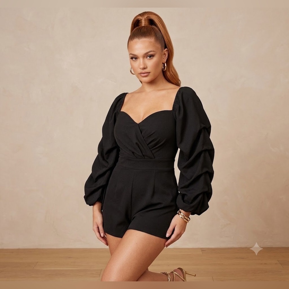 Banjul Black Sweetheart Neck Puff Sleeve Romper
